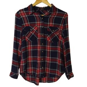 Ambiance Flannel Shirt Women's Small Red White Blue Plaid Button Up Top Roll Tab